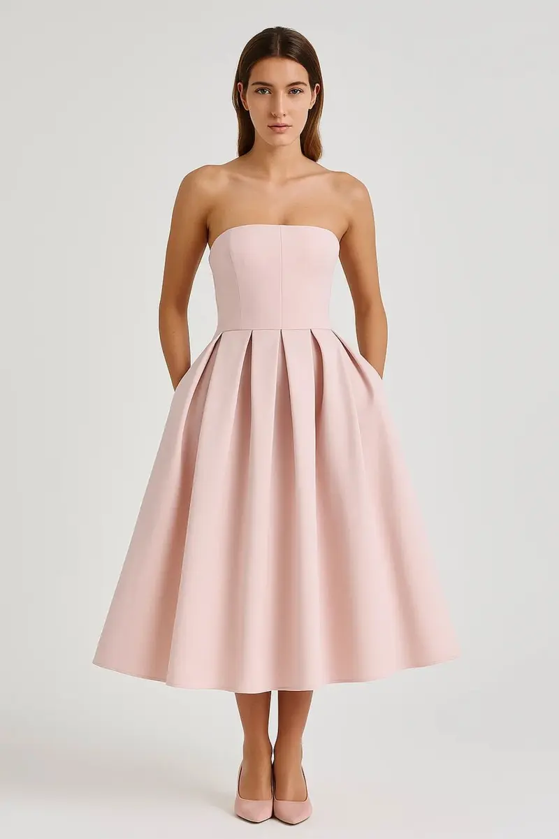Women's Midi Dress — Strapless Fitted Bodice Flared Skirt Design