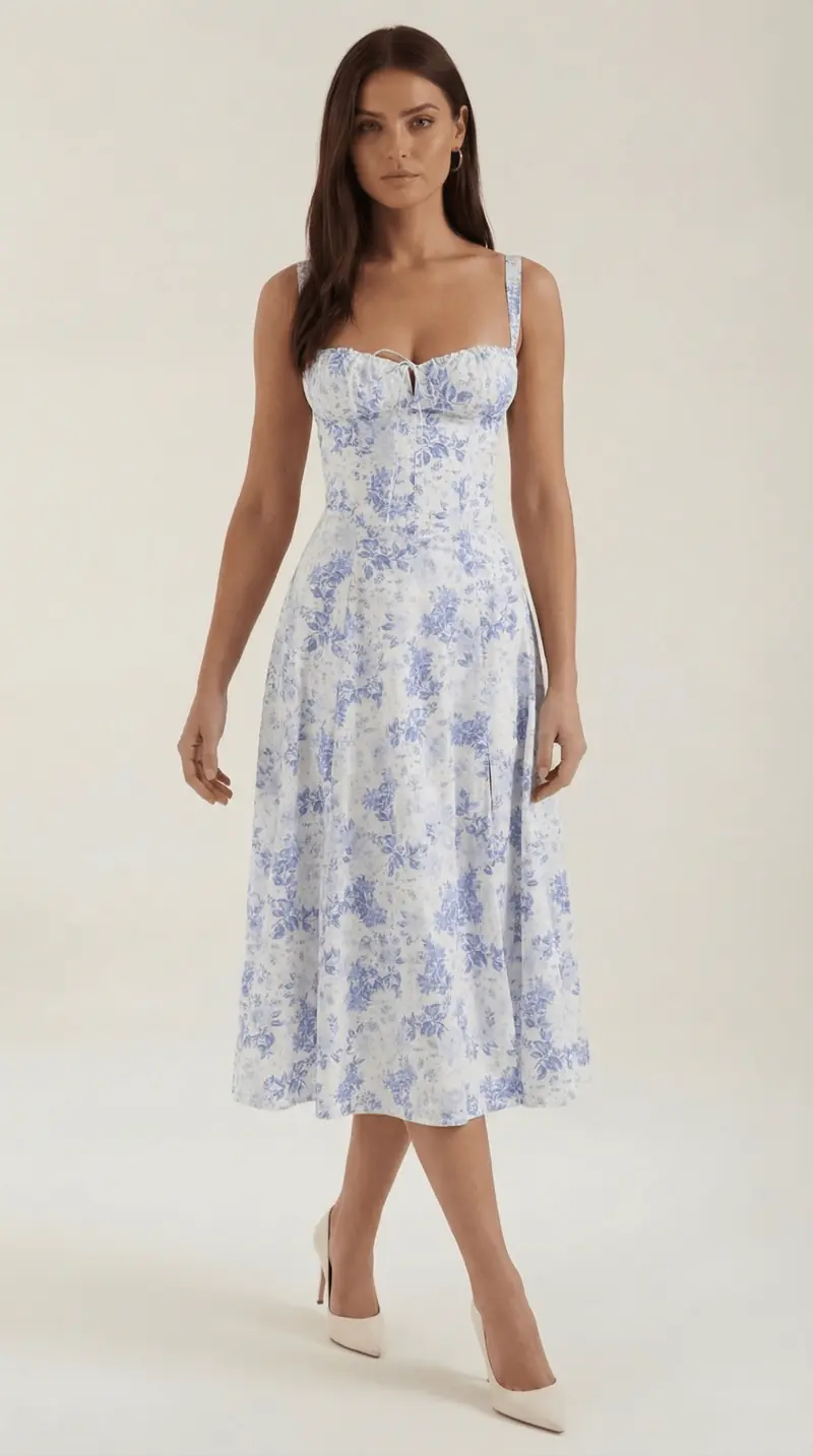 Women's Midi Dress - Sweetheart Neckline Lace-Up Structured Fit