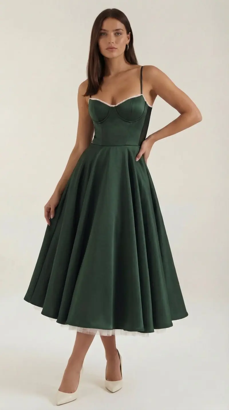 Women's Midi Dress - Sweetheart Neckline & Spaghetti Straps