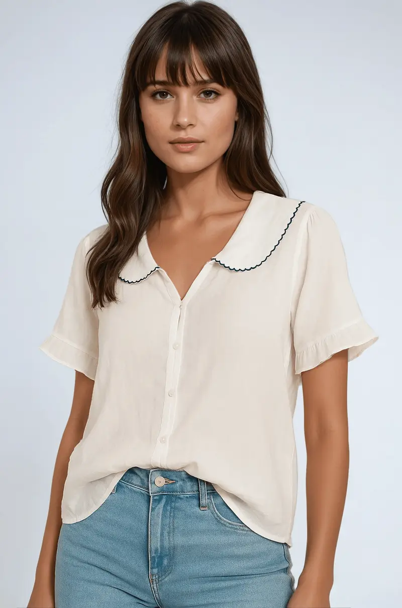 Women's Shirt — Button-Up Doll Collar Scalloped Sleeves