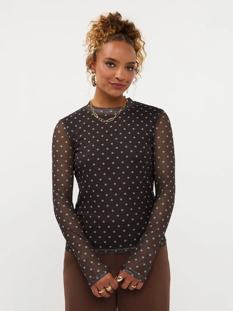 Ydence longsleeve polka dot bruin met blauwe stippen model Top Bailey Brown