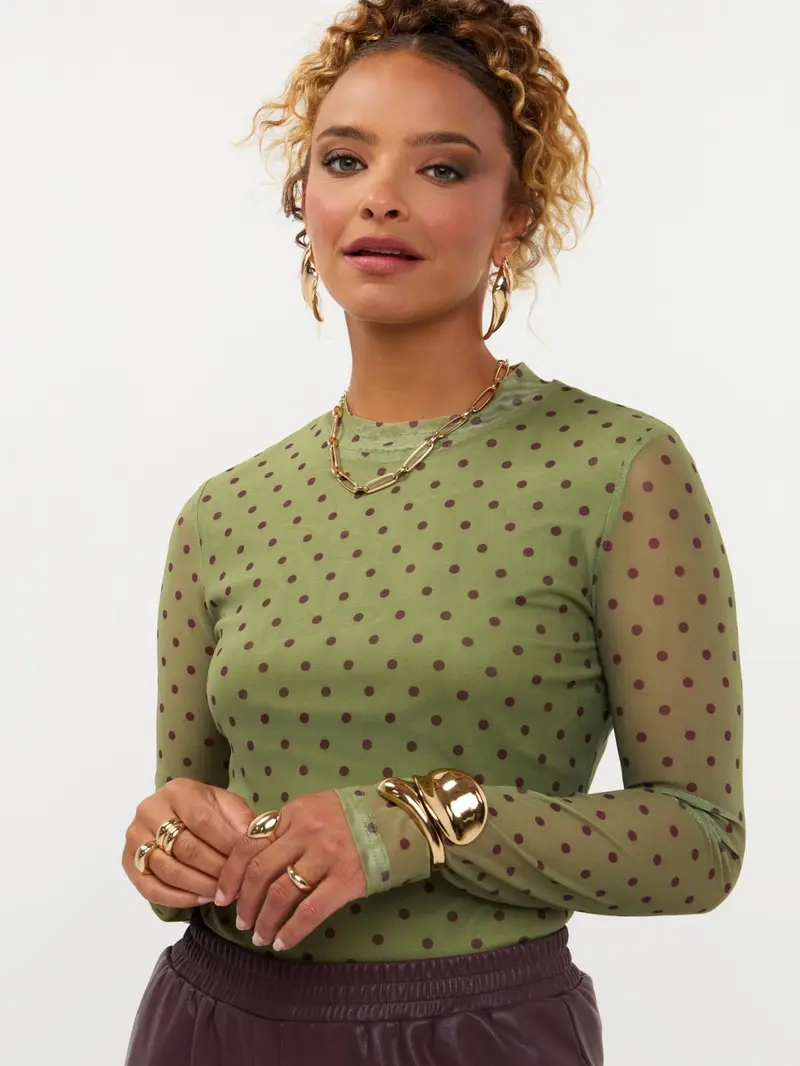 Ydence longsleeve polka dot groen met bruin bordeaux stip model Top Bailey Green