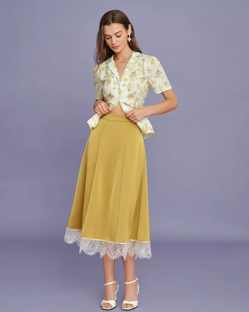 Yellow Lace Satin Midi Skirt