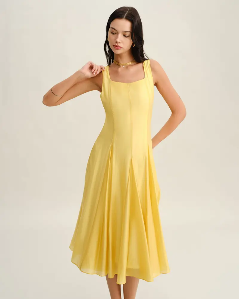 Yellow Square Neck Pleated Slip Midi Dress
