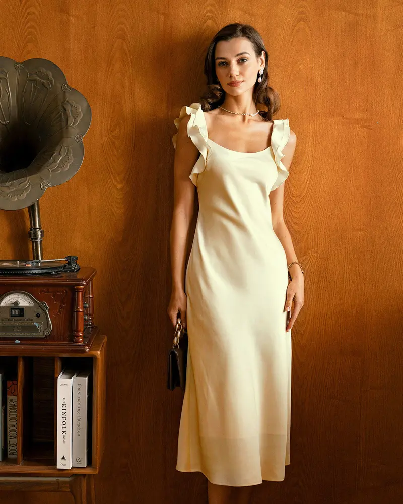 Yellow Square Neck Ruffle Satin Midi Dress