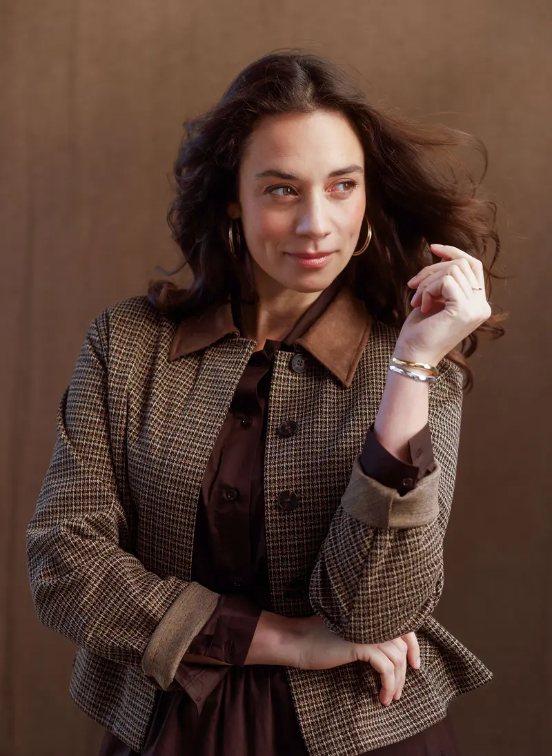 Yest jasje bruine ruit met suede look kraagje model Sibel Mocca Brown
