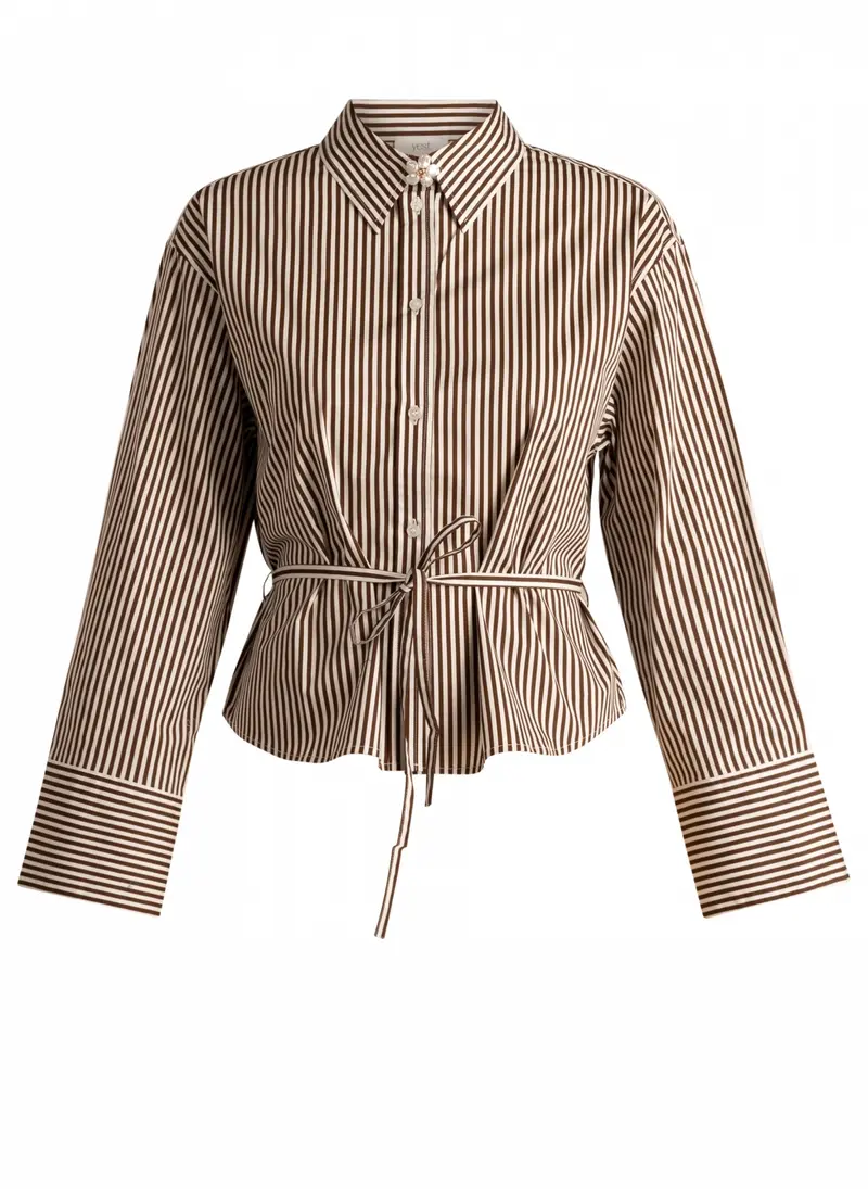 Yest strepen blouse donker bruin met off white model Sona mocca brown