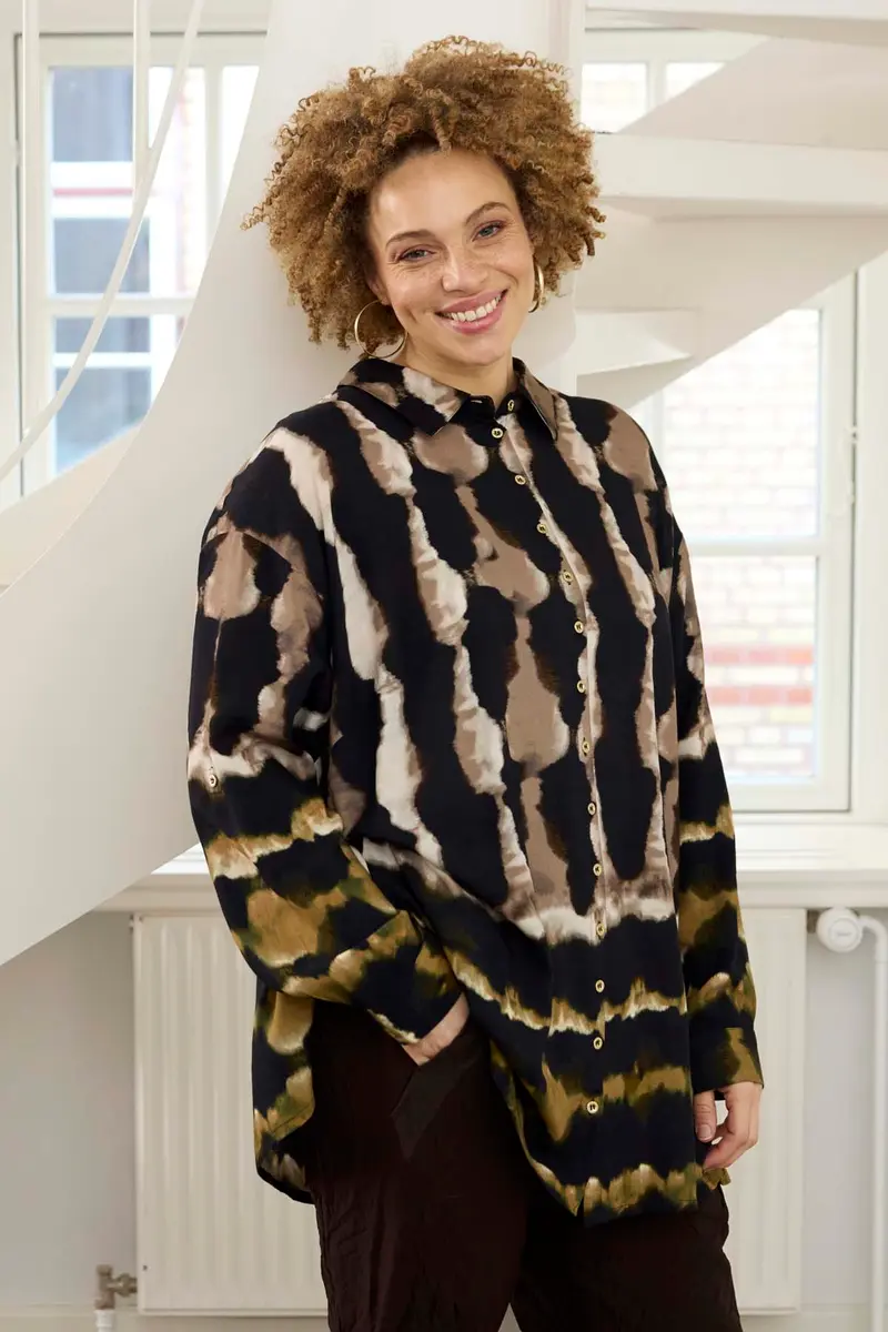 Zhenzi blouse bruin zwart groene print model Livia 201534