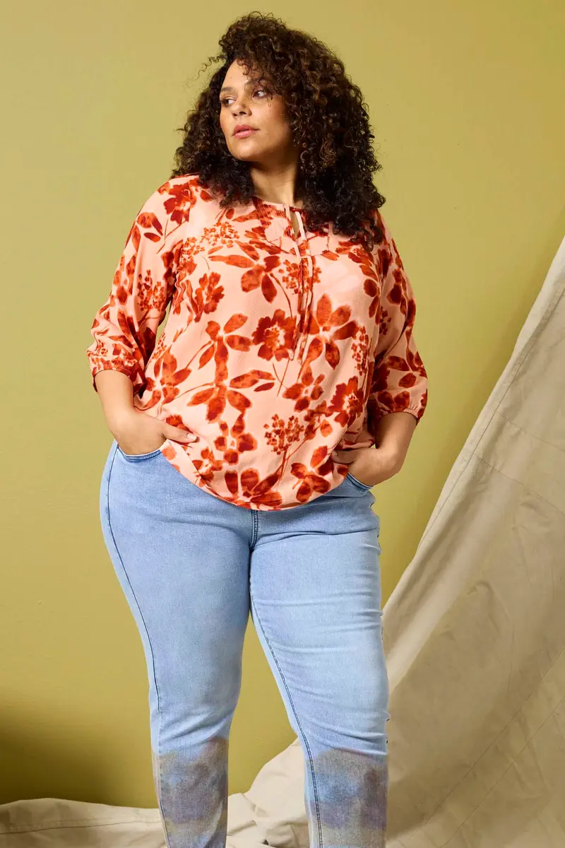 Zhenzi blouse oranje bloemen print model Kiari Fig 1461