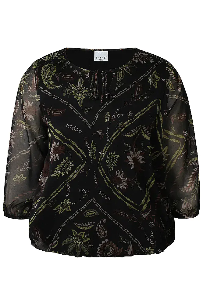 Zhenzi blouse zwart met groene print driekwart mouw model Keara 201446