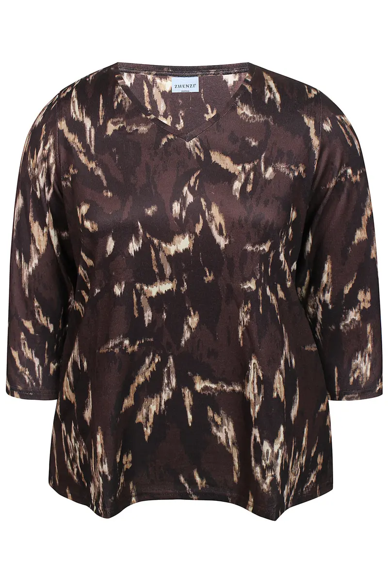 Zhenzi shirt bruin met print driekwart mouw model Ainsley 1489 Brown
