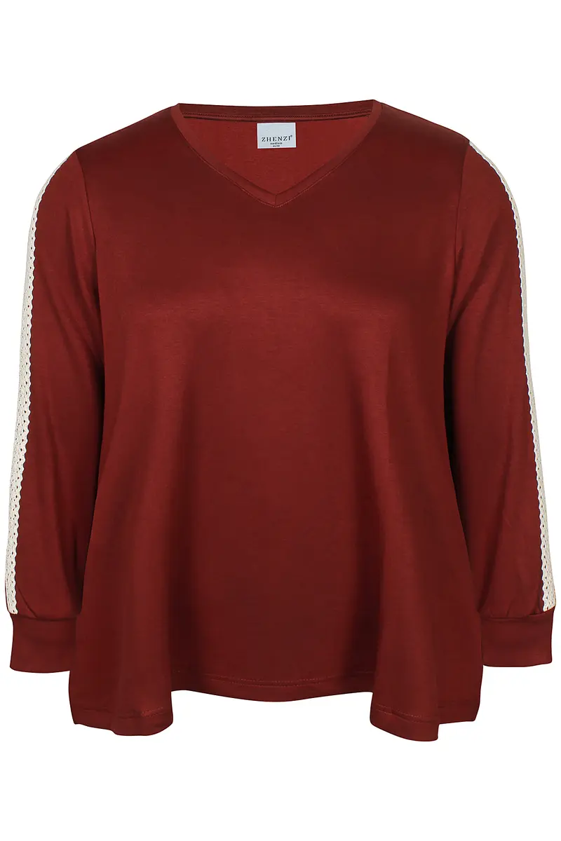 Zhenzi shirt roest bordeaux rood met kanten creme kleurige bies op mouw model Mya 201520